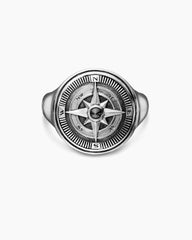 Maritime® Compass Signet Ring in Sterling Silver with Center Black Diamond, 19.4mm