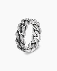 Curb Chain Band Ring in Sterling Silver with Diamonds, 8mm