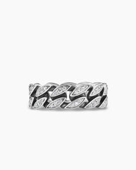 Curb Chain Band Ring in Sterling Silver with Diamonds, 8mm