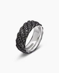 Sculpted Cable Pavé Band Ring in 18K White Gold with Black Diamonds, 8.5mm