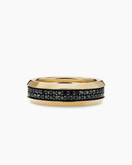 Beveled Two Row Band Ring in 18K Yellow Gold with Black Diamonds, 8mm