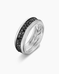 Beveled Two Row Band Ring in 18K White Gold with Black Diamonds, 8mm