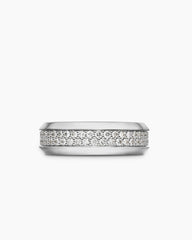 Beveled Two Row Band Ring in 18K White Gold with Diamonds, 8mm