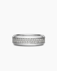 Beveled Two Row Band Ring in 18K White Gold with Diamonds, 8mm