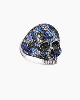 Memento Mori Skull Ring in Sterling Silver with Black Diamonds and Sapphires, 26mm