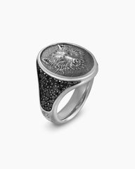Petrvs® Wolf Signet Ring in Sterling Silver with Black Diamonds, 21.5mm