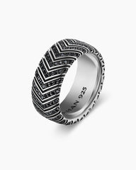 Chevron Band Ring in Sterling Silver with Black Diamonds, 10mm