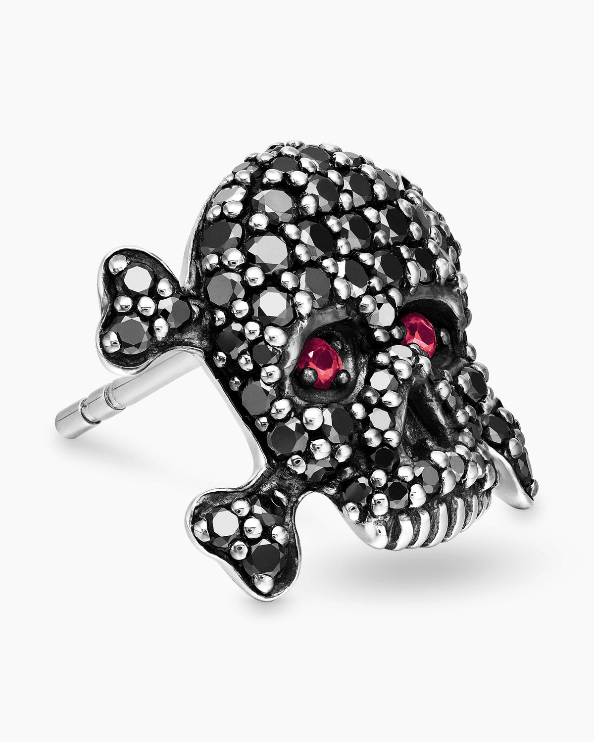 Pavé Skull Stud Earring in Sterling Silver with Black Diamonds and Rubies, 13.5mm