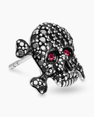 Pavé Skull Stud Earring in Sterling Silver with Black Diamonds and Rubies, 13.5mm