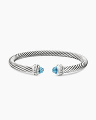 Classic Cable Bracelet in Sterling Silver with Blue Topaz and Diamonds, 5mm