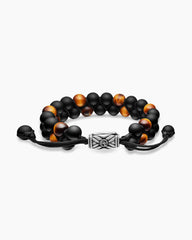 Spiritual Beads Two Row Woven Bracelet in Black Onyx, Tiger’s Eye, Black Nylon and Sterling Silver, 8mm