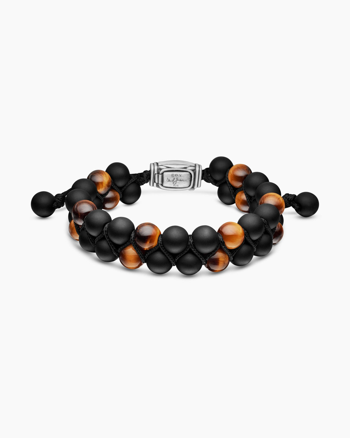 Spiritual Beads Two Row Woven Bracelet in Black Onyx, Tiger’s Eye, Black Nylon and Sterling Silver, 8mm