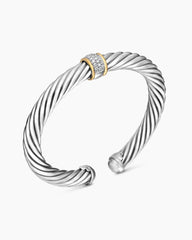 Classic Cable Station Bracelet in Sterling Silver with 18K Yellow Gold and Pavé Diamonds, 7mm