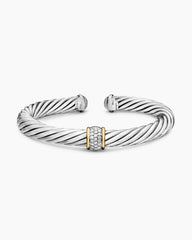 Classic Cable Station Bracelet in Sterling Silver with 18K Yellow Gold and Pavé Diamonds, 7mm