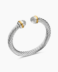 Classic Cable Bracelet in Sterling Silver with 18K Yellow Gold and Pavé Diamond Domes, 7mm