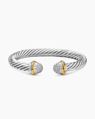 Classic Cable Bracelet in Sterling Silver with 18K Yellow Gold and Pavé Diamond Domes, 7mm