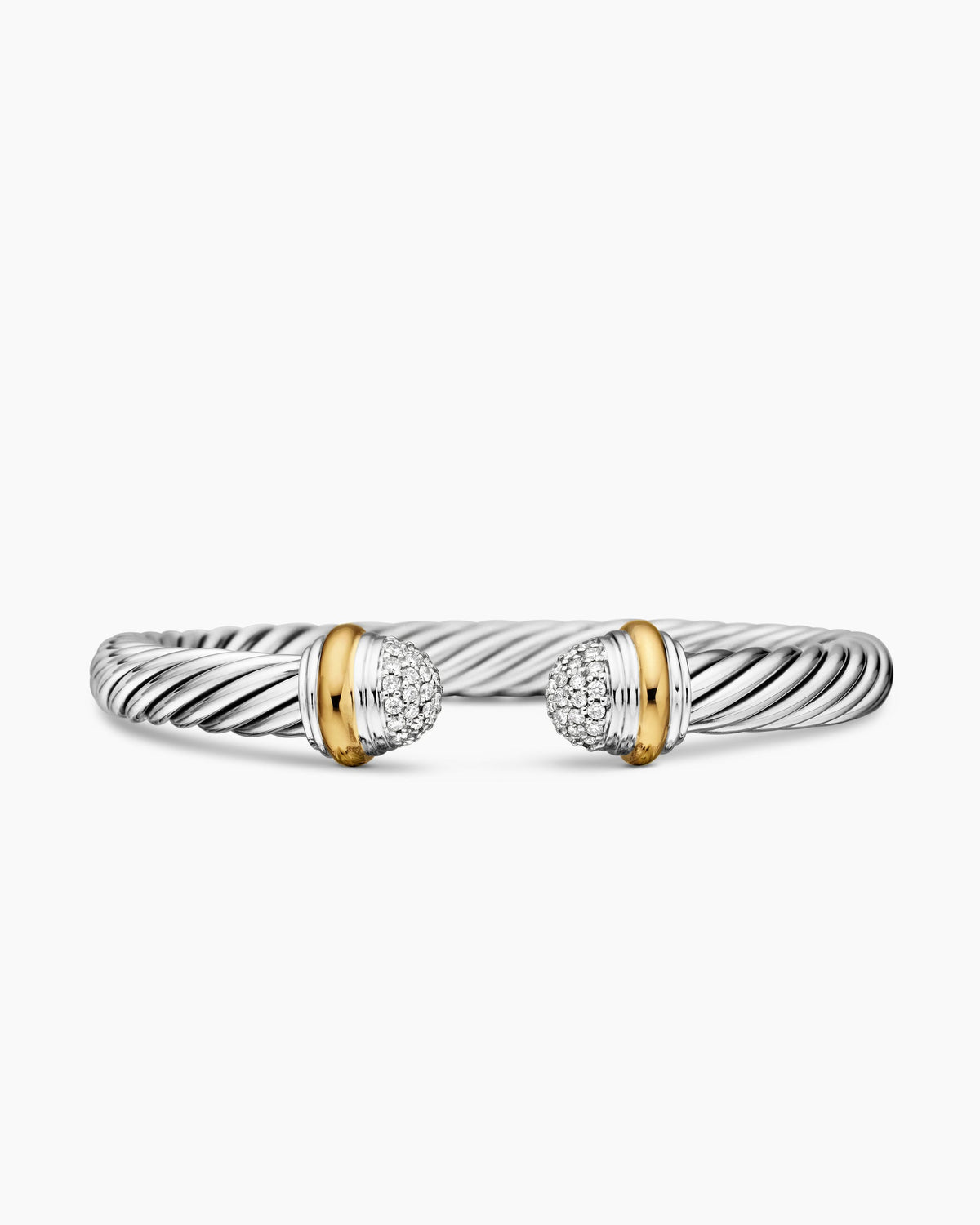 Classic Cable Bracelet in Sterling Silver with 18K Yellow Gold and Pavé Diamond Domes, 7mm