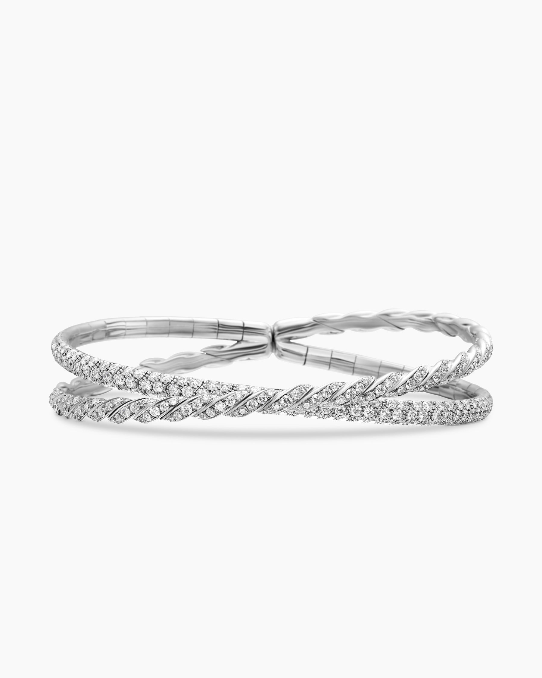 Sculpted Cable Flex Two Row Bracelet in 18K White Gold with Diamonds, 16mm