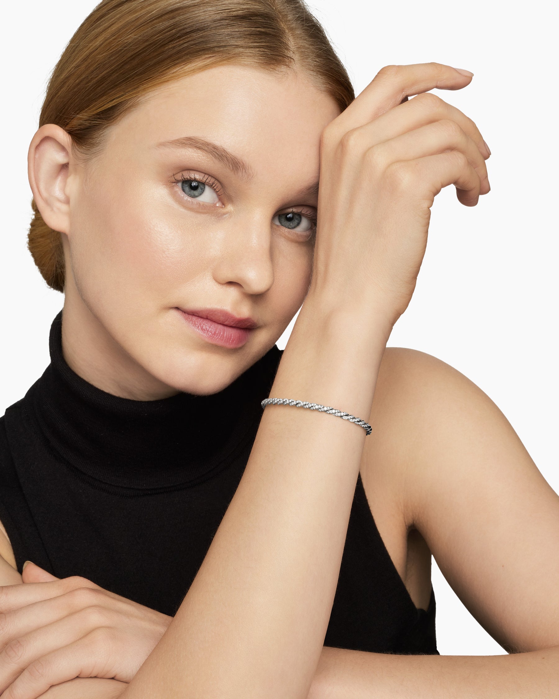 Sculpted Cable Flex Bracelet in 18K White Gold with Diamonds, 3.5mm