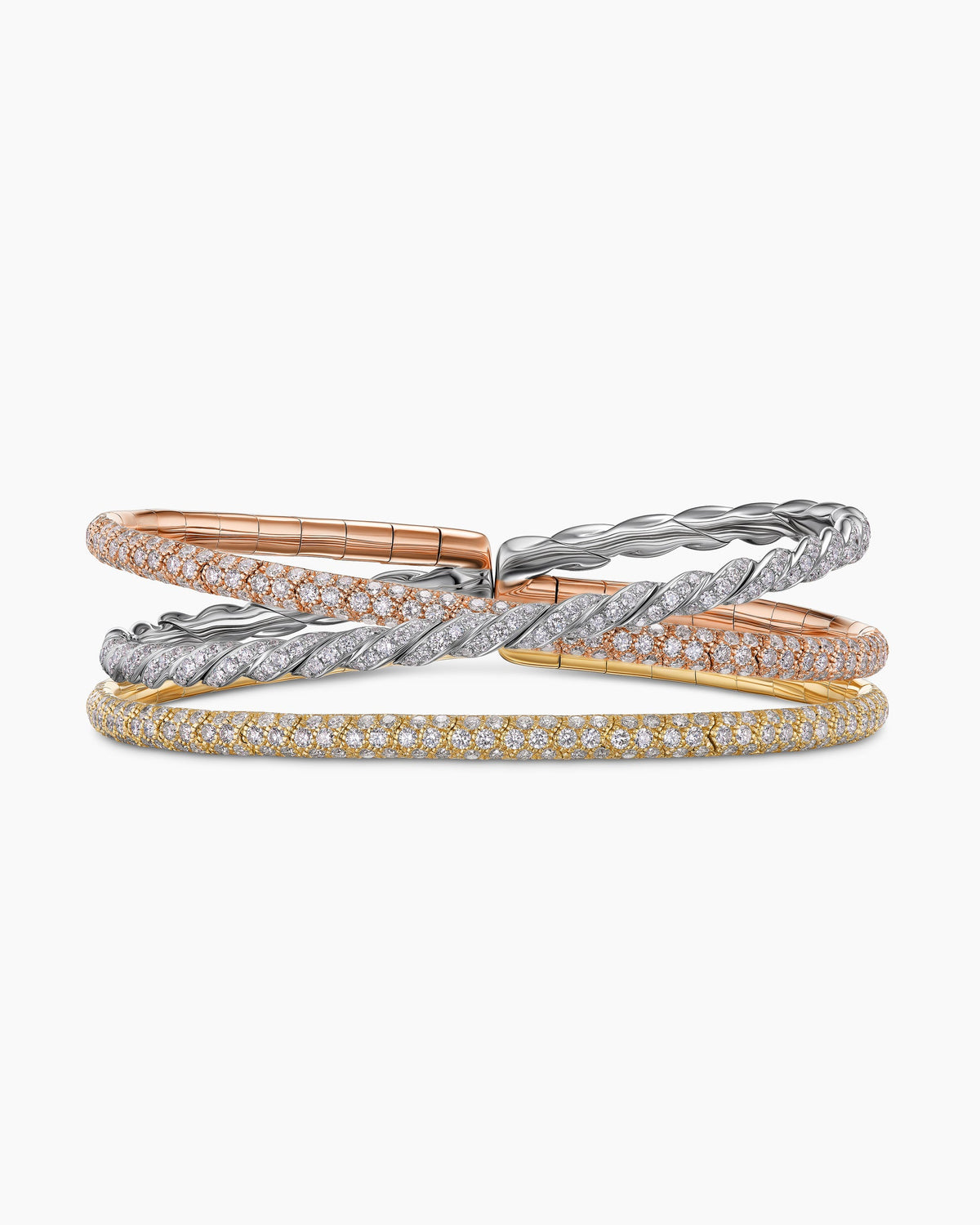 Sculpted Cable Flex Three Row Bracelet in 18K Gold with Diamonds, 21mm