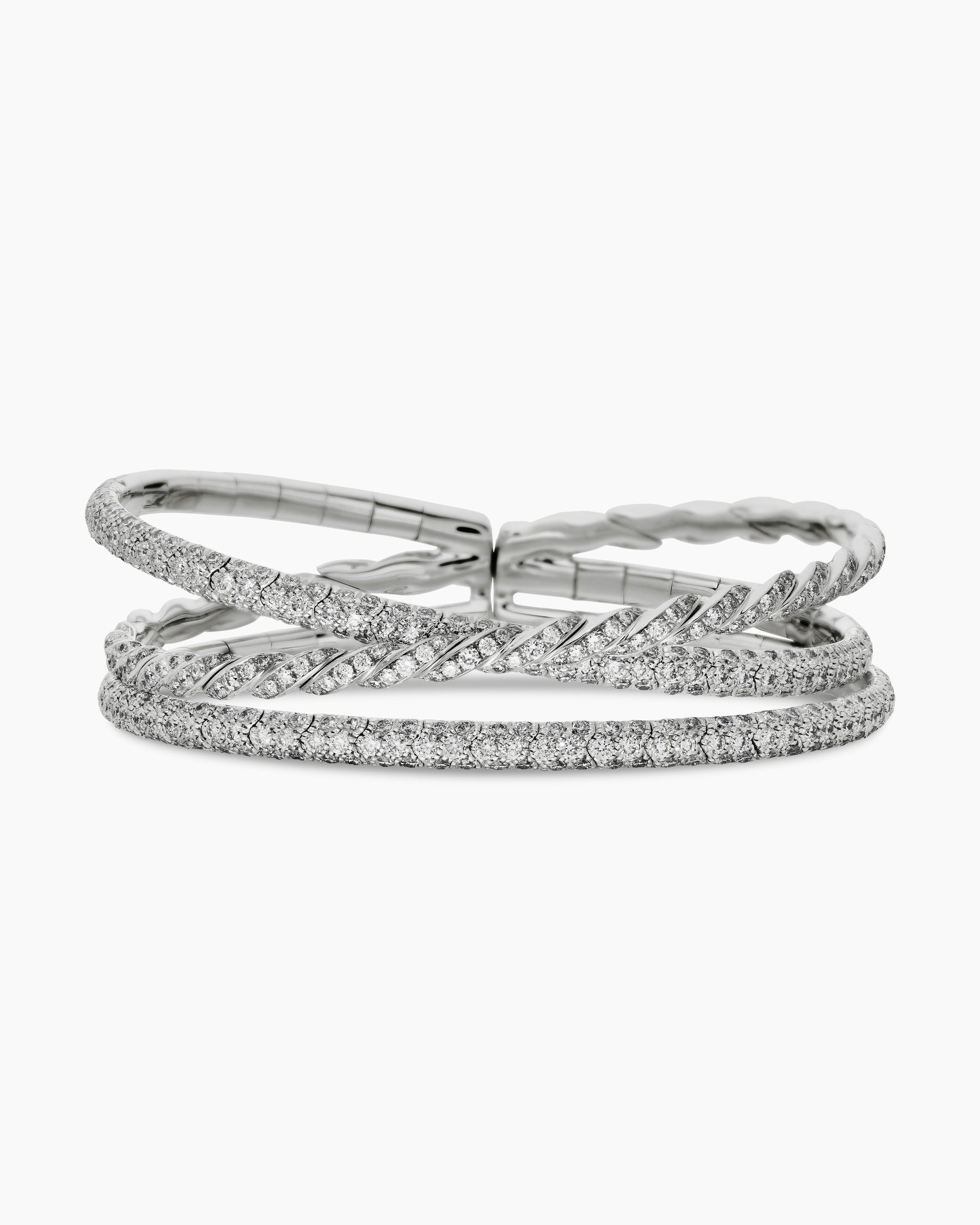 Sculpted Cable Flex Three Row Bracelet in 18K White Gold with Diamonds, 21mm