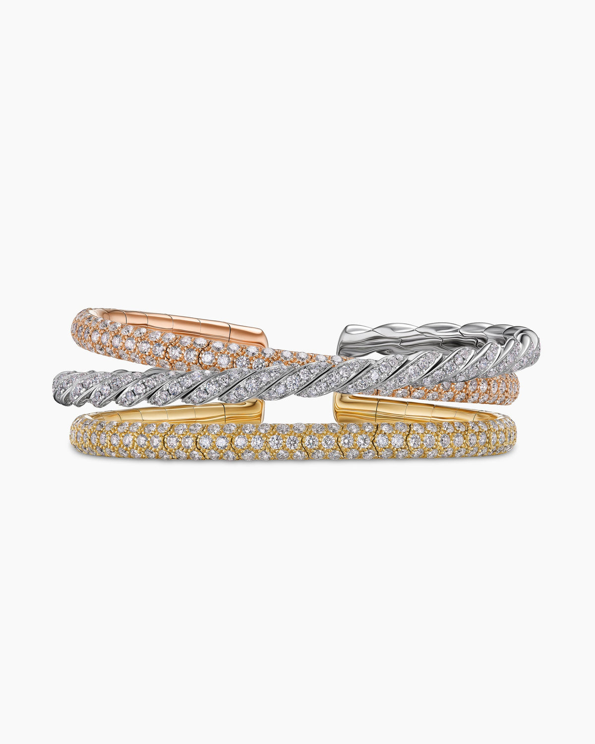 Sculpted Cable Flex Three Row Bracelet in 18K Gold with Diamonds, 18.5mm