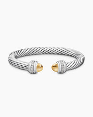 Classic Cable Bracelet in Sterling Silver with 14K Yellow Gold Domes and Diamonds, 7mm