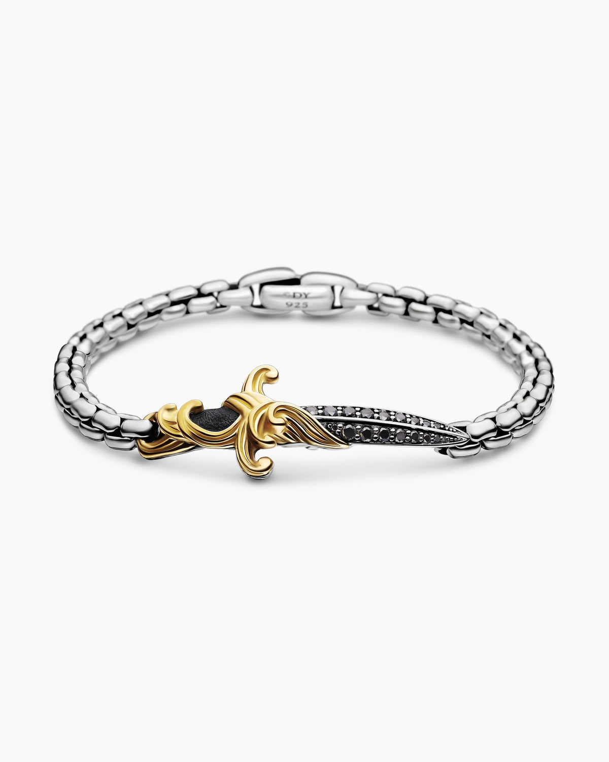 Waves Dagger Bracelet in Sterling Silver with 18K Yellow Gold and Black Diamonds, 5mm