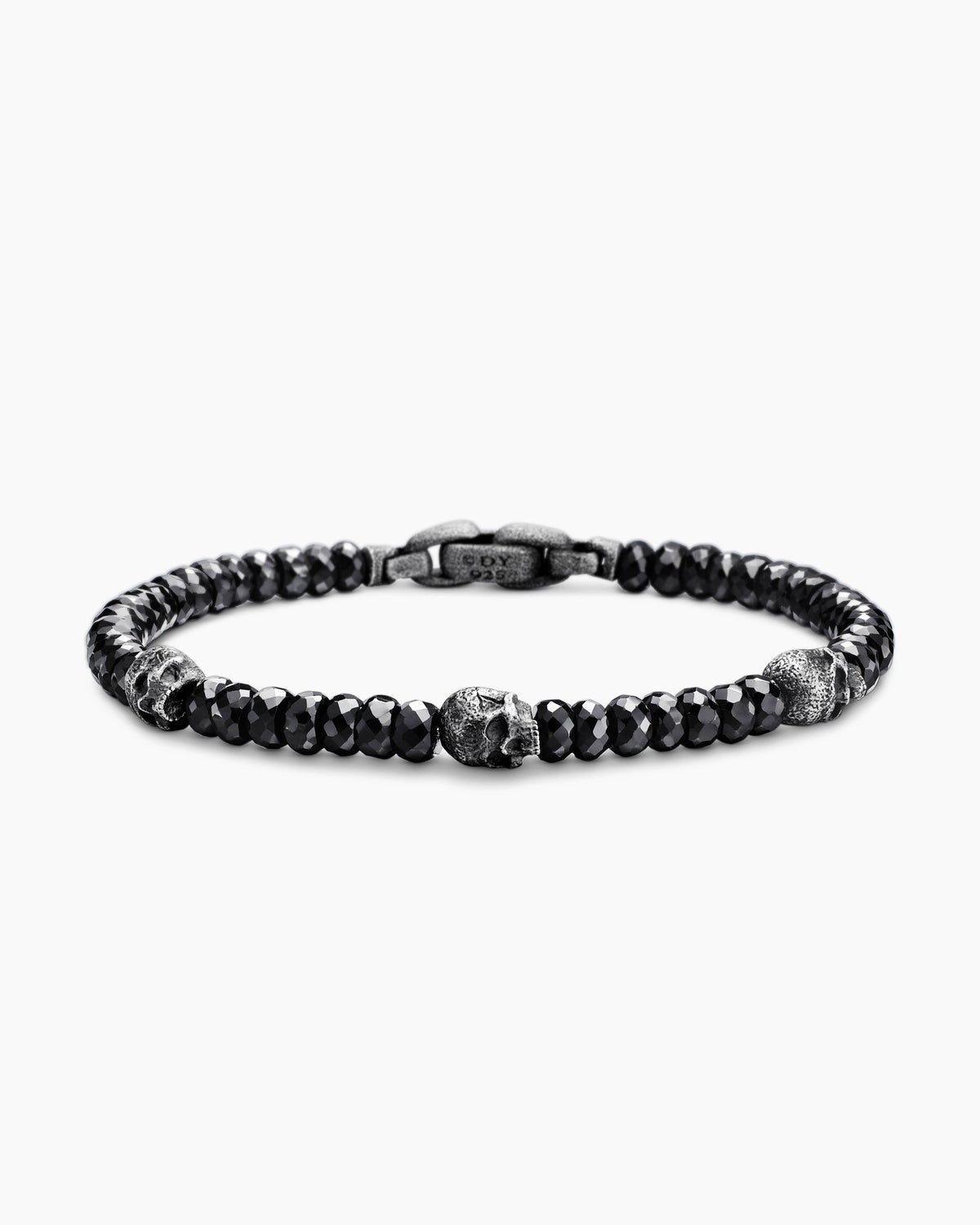 Memento Mori Skull Station Bracelet in Sterling Silver with Black Spinel, 6mm