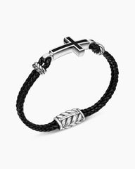 Streamline® Cross Station Bracelet in Black Leather with Sterling Silver and Black Onyx, 3mm