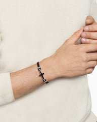 Streamline® Cross Station Bracelet in Black Leather with Sterling Silver and Black Onyx, 3mm