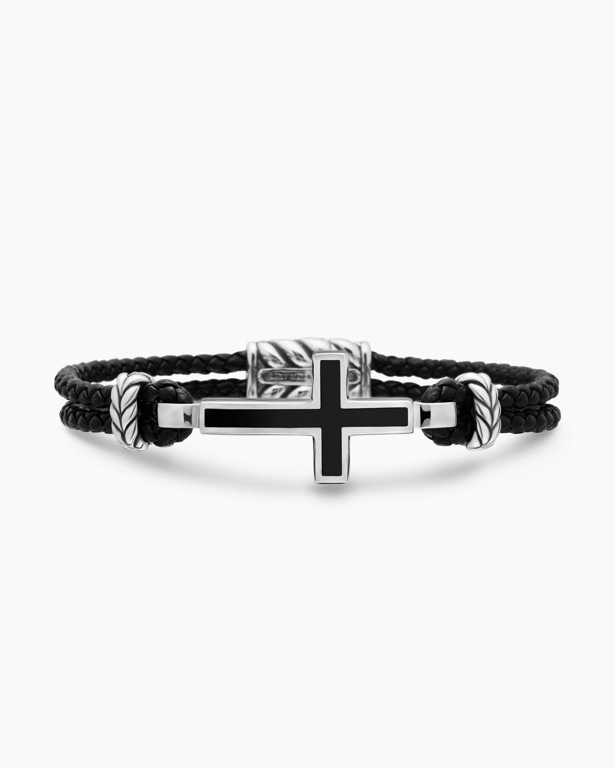 Streamline® Cross Station Bracelet in Black Leather with Sterling Silver and Black Onyx, 3mm