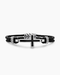 Streamline® Cross Station Bracelet in Black Leather with Sterling Silver and Black Onyx, 3mm