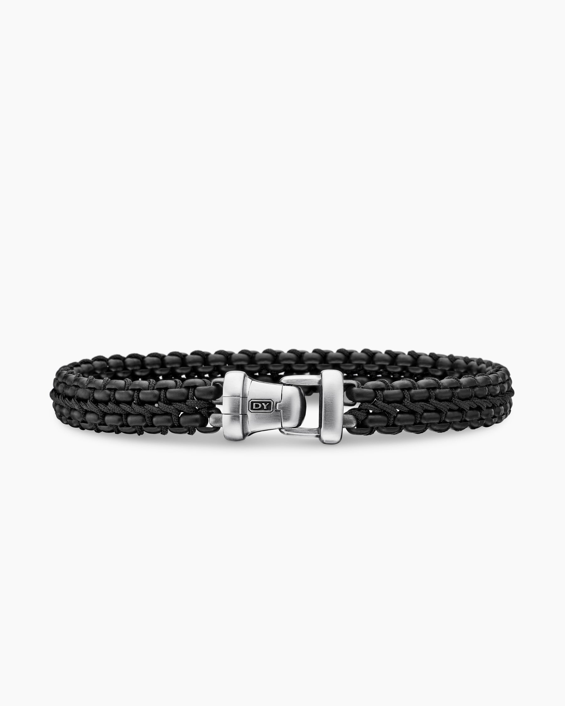 Woven Box Chain Bracelet in Sterling Silver with Black Stainless Steel and Black Nylon, 10mm