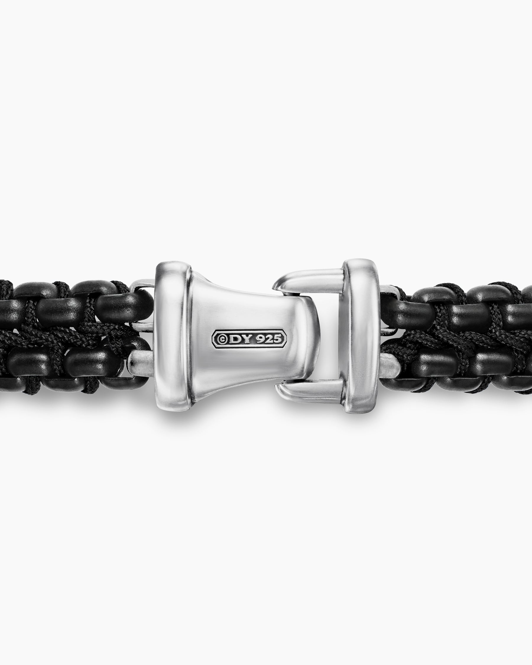 Woven Box Chain Bracelet in Sterling Silver with Black Stainless Steel and Black Nylon, 10mm