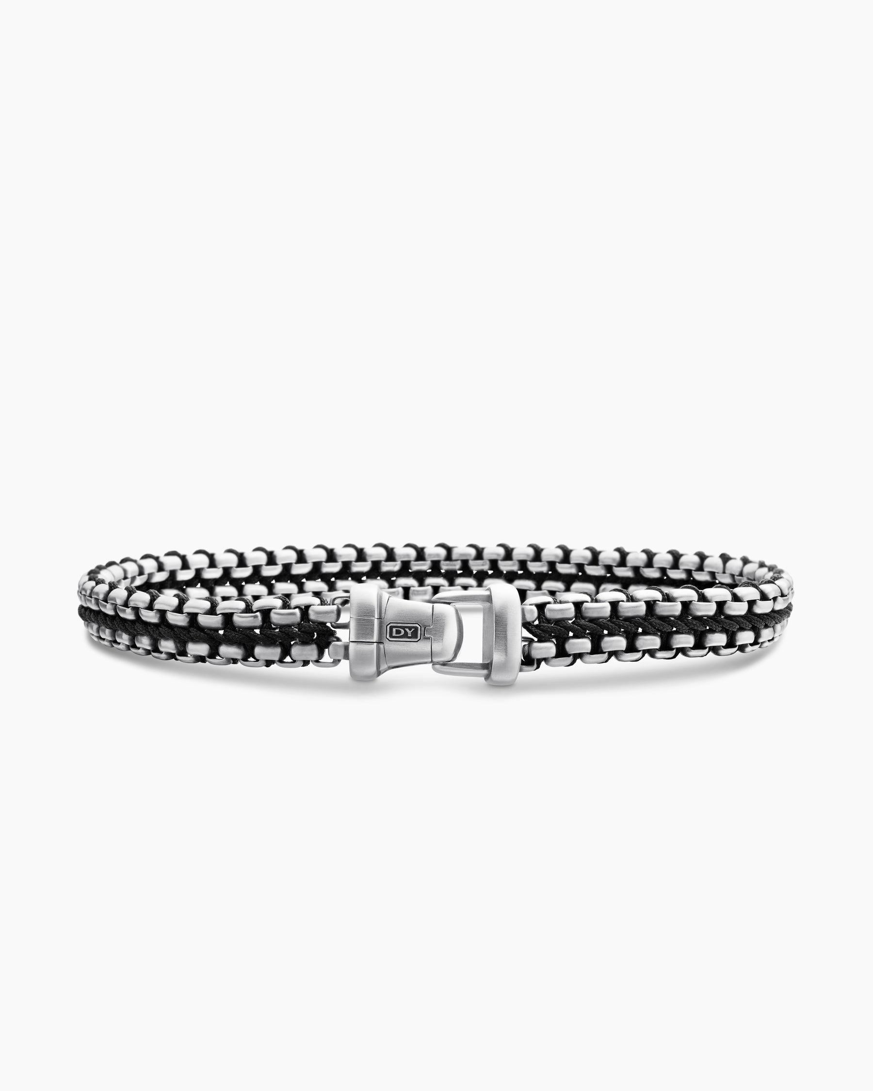 Woven Box Chain Bracelet in Sterling Silver with Black Nylon, 10mm