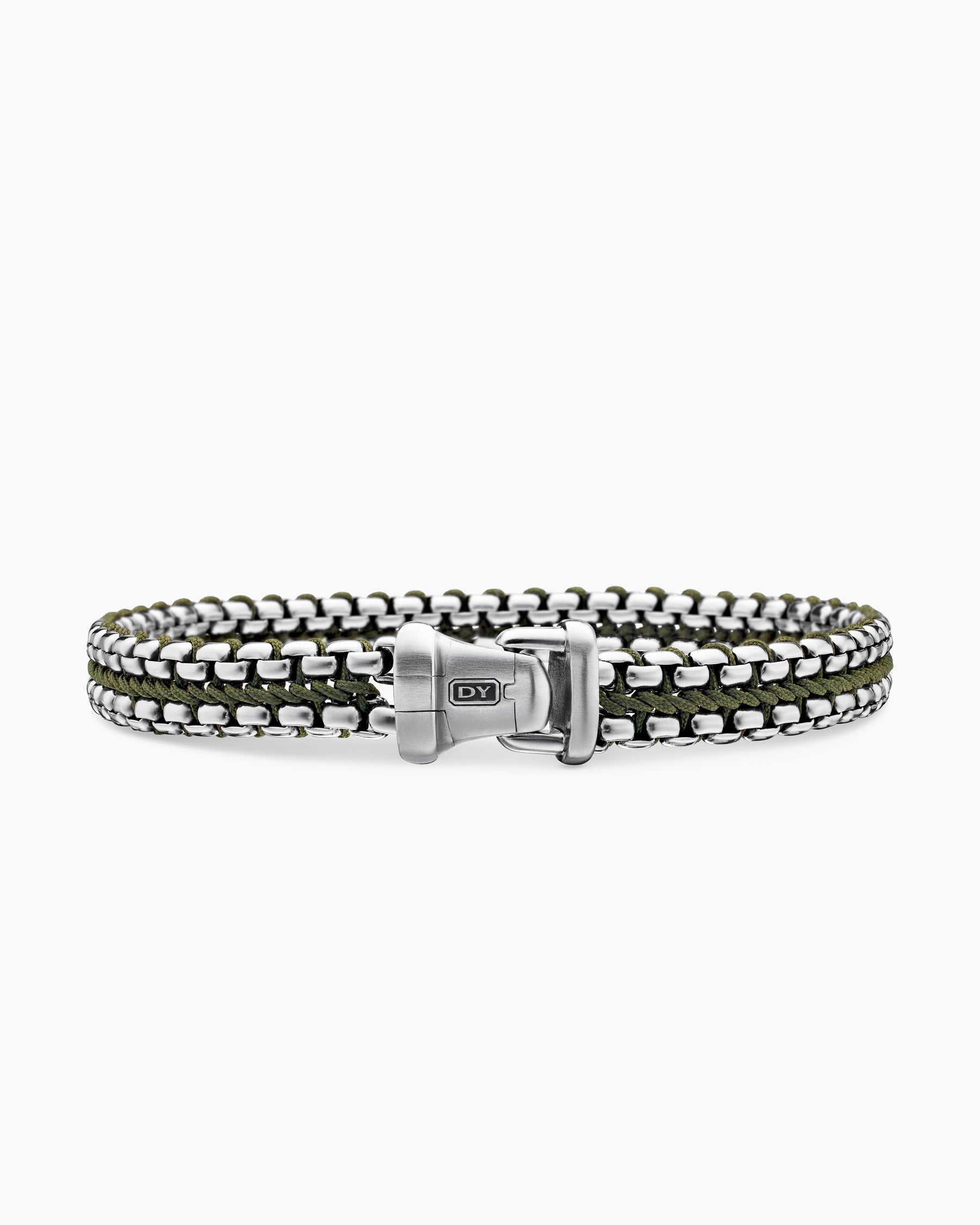 Woven Box Chain Bracelet in Sterling Silver with Green Nylon, 10mm