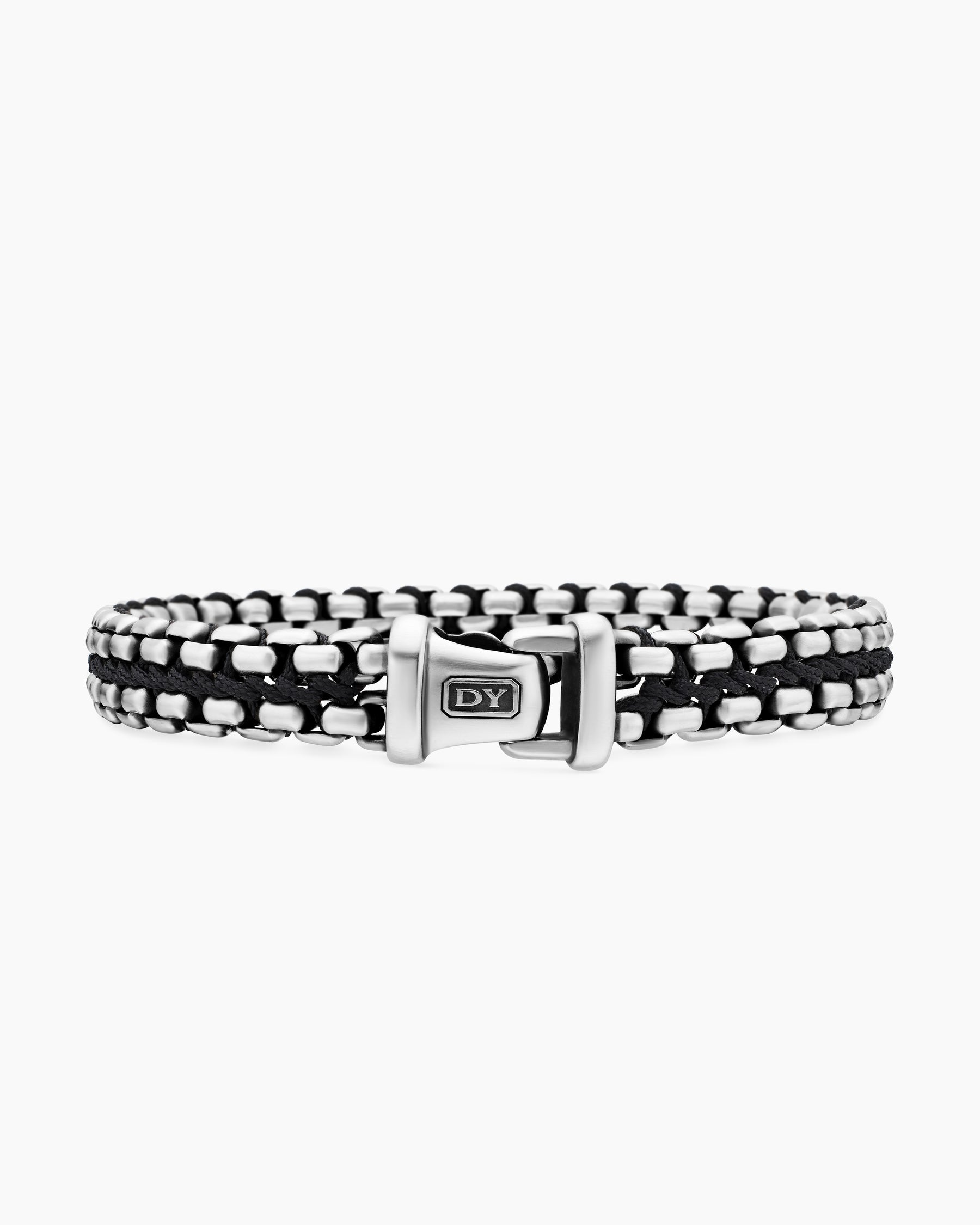 Woven Box Chain Bracelet in Sterling Silver with Black Nylon, 12mm