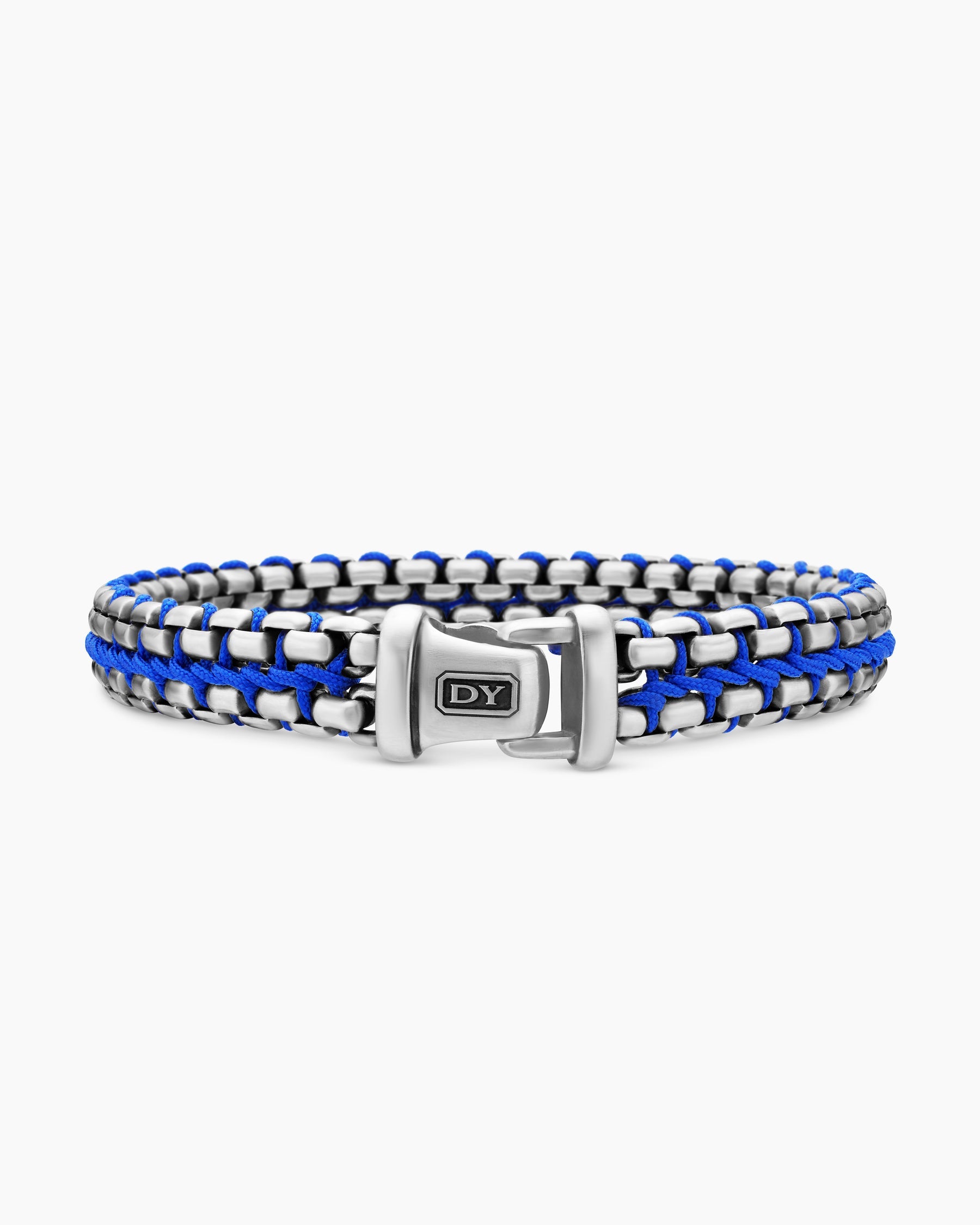 Woven Box Chain Bracelet in Sterling Silver with Blue Nylon, 12mm