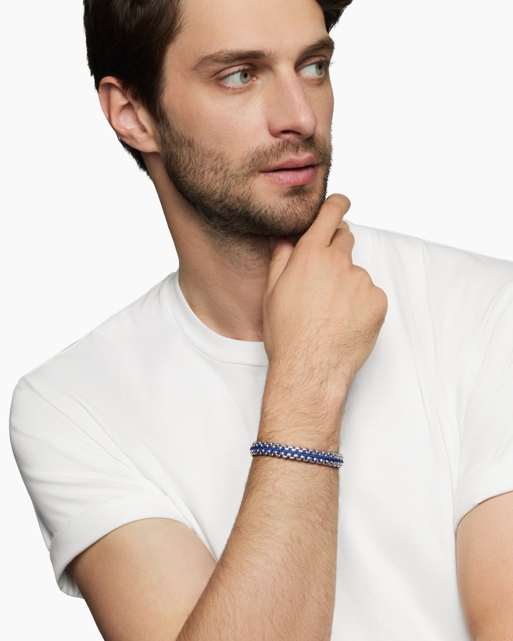 Woven Box Chain Bracelet in Sterling Silver with Blue Nylon, 12mm
