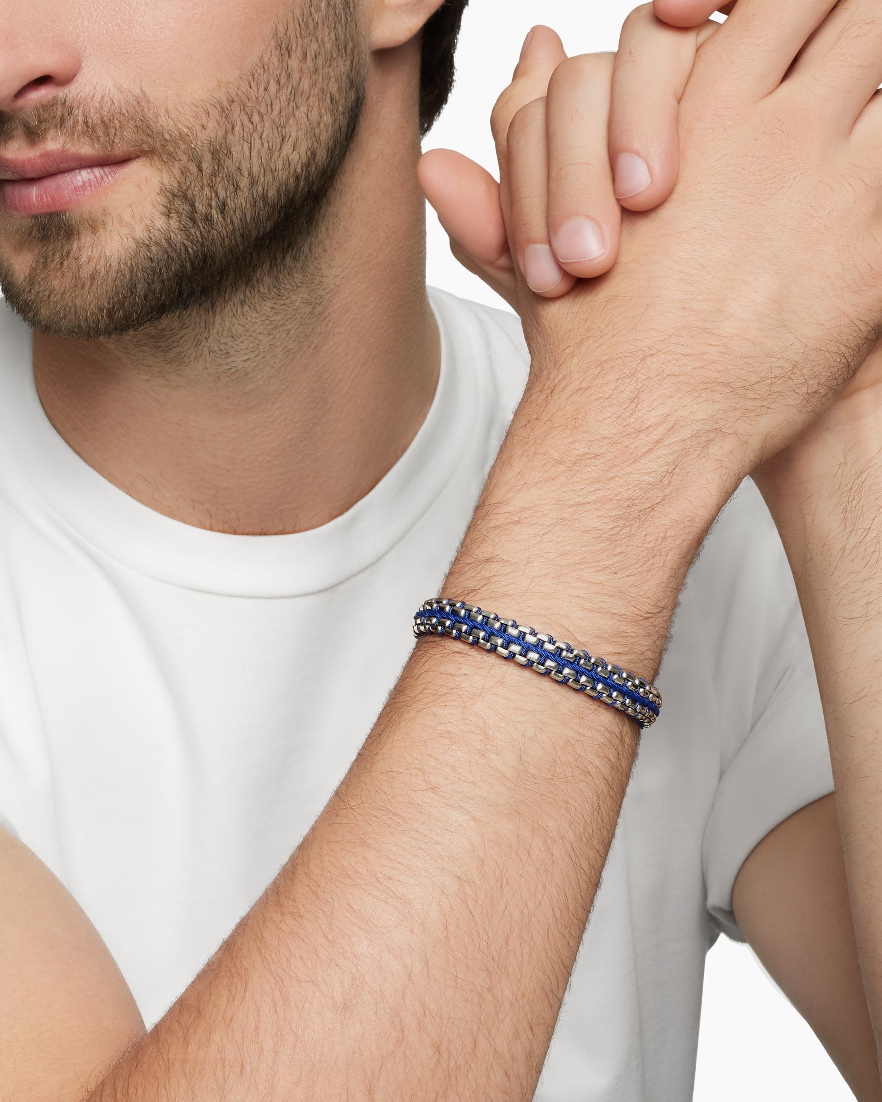 Woven Box Chain Bracelet in Sterling Silver with Blue Nylon, 12mm