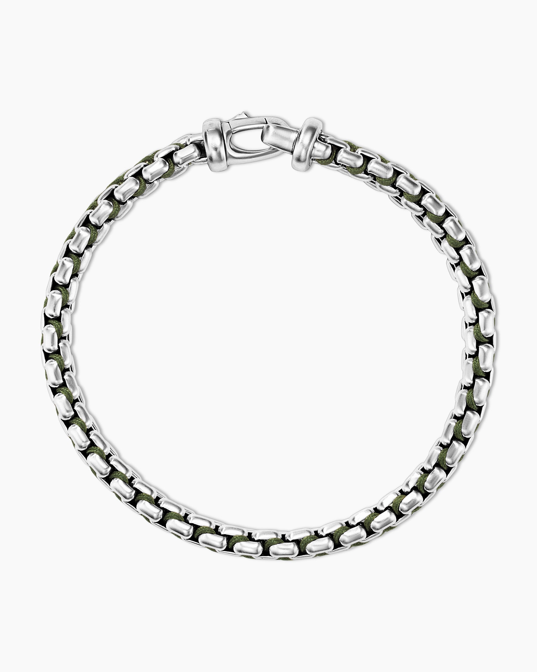 Woven Box Chain Bracelet in Sterling Silver with Green Nylon, 12mm
