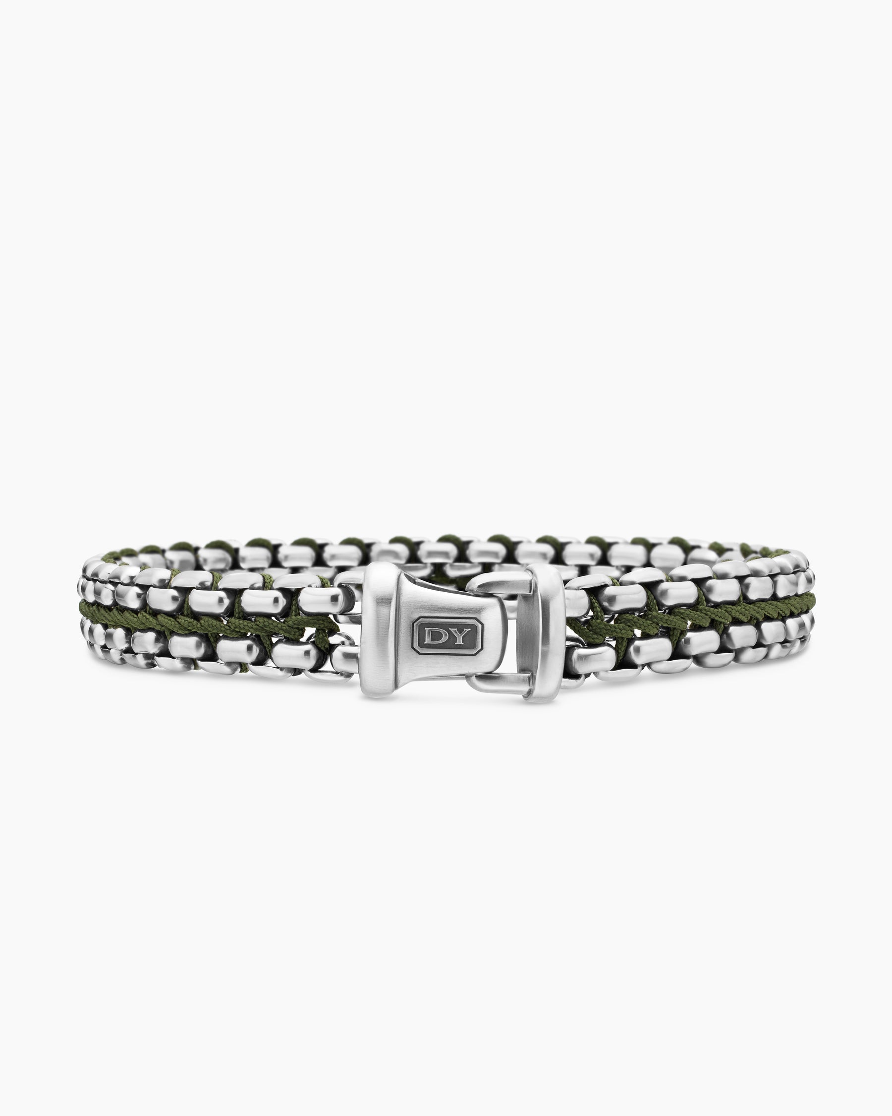 Woven Box Chain Bracelet in Sterling Silver with Green Nylon, 12mm