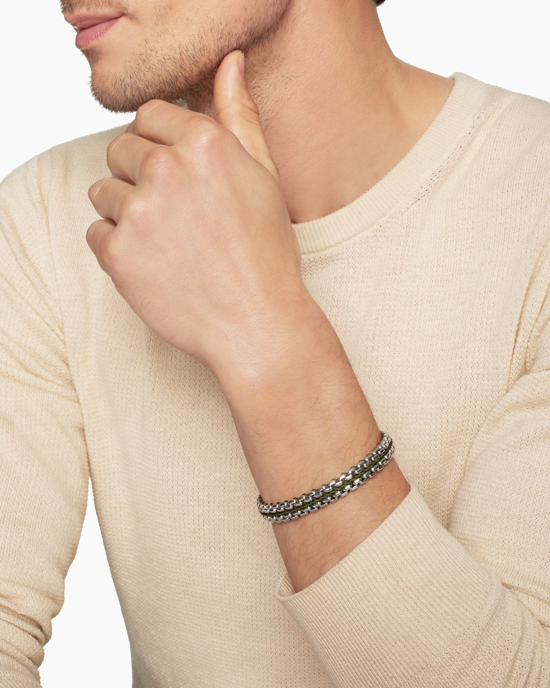 Woven Box Chain Bracelet in Sterling Silver with Green Nylon, 12mm