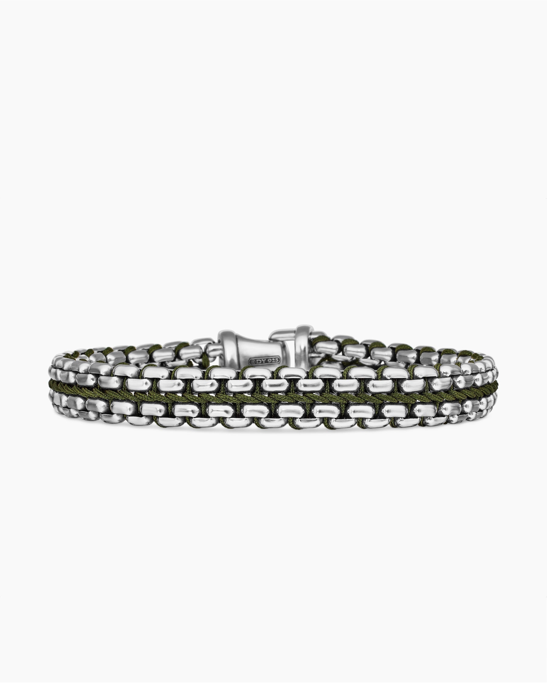 Woven Box Chain Bracelet in Sterling Silver with Green Nylon, 12mm