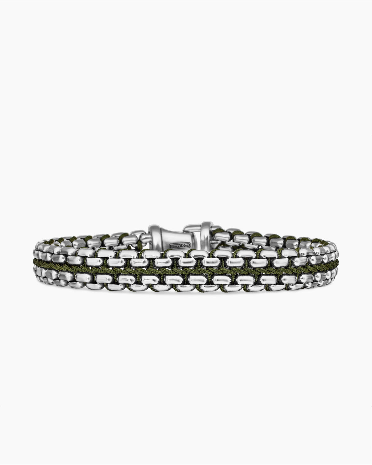 Woven Box Chain Bracelet in Sterling Silver with Green Nylon, 12mm