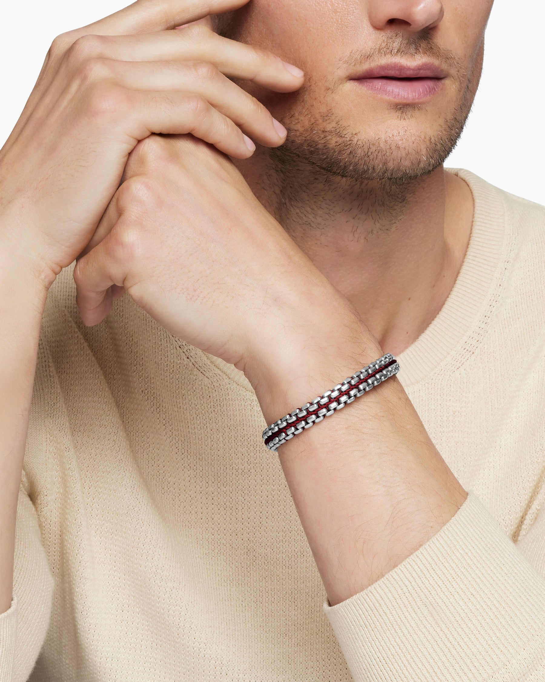 Woven Box Chain Bracelet in Sterling Silver with Red Nylon, 12mm