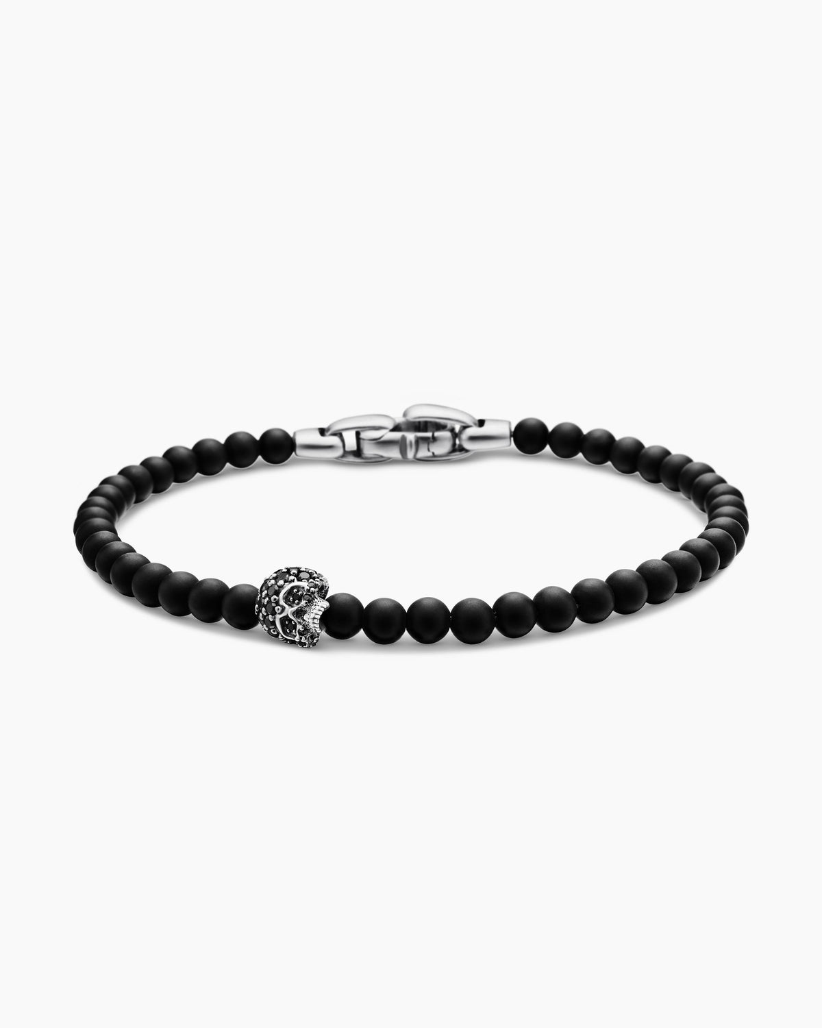 Memento Mori Skull Station Bracelet in Sterling Silver with Black Onyx and Black Diamonds, 4mm
