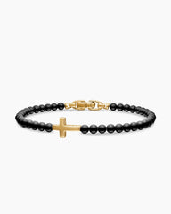 Spiritual Beads Cross Station Bracelet with Black Onyx and 18K Yellow Gold, 4mm