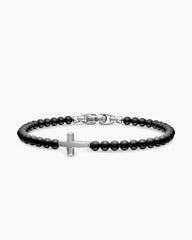 Spiritual Beads Cross Station Bracelet in Sterling Silver with Black Onyx, 4mm
